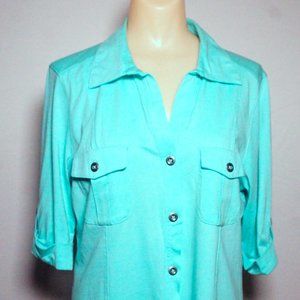 Style & Co. Women's Light Teal Cotton Button-Up Shirt, Medium